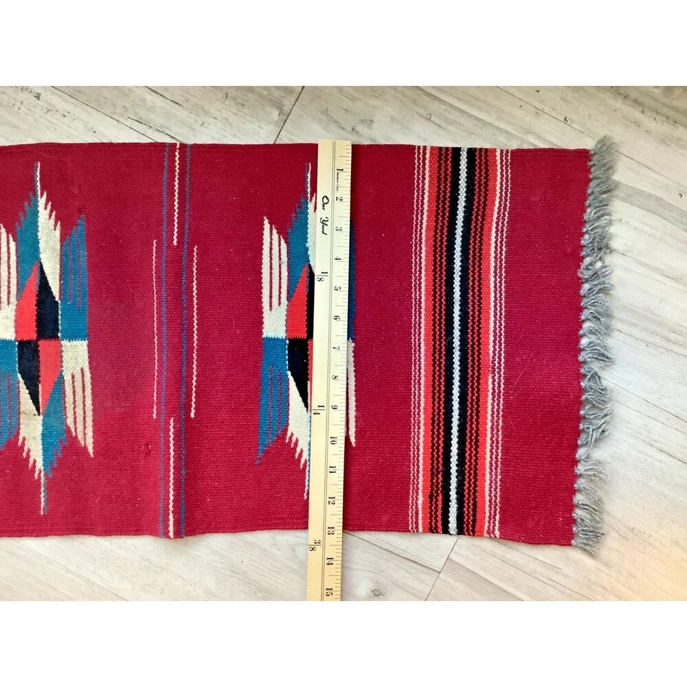 Hand Woven Southwest Wool Table Runner Wall Art Rug Red Geometric 13